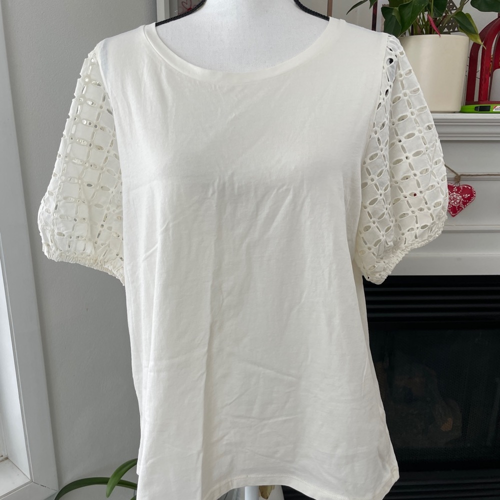 J. Crew Cream Boxy Blouse with Eyelet Short Sleeves
